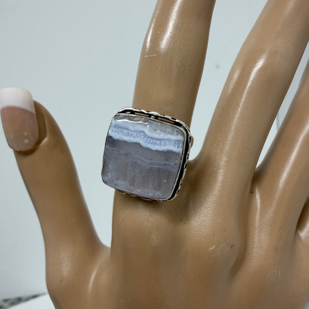 Silver Overlay Blue Lace Agate Adjustable Ring 925‎ Handmade
